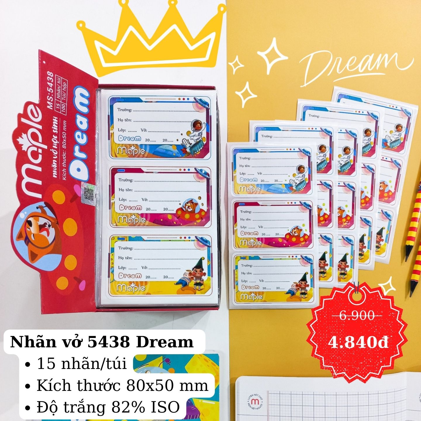 Nhãn vở Mc.ple DREAM 5438 (15 nhãn/túi) Nhãn vở học sinh giá rẻ