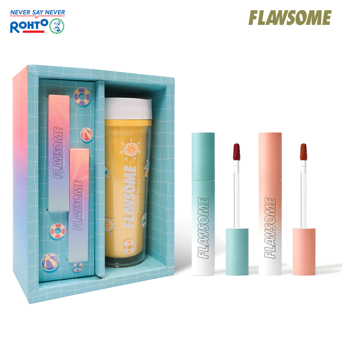 Set son trang điểm kem lì siêu mịn Flawsome Sunny Matte Tint (3g x 2) + Tặng Bình nước giữ nhiệt Flawsome