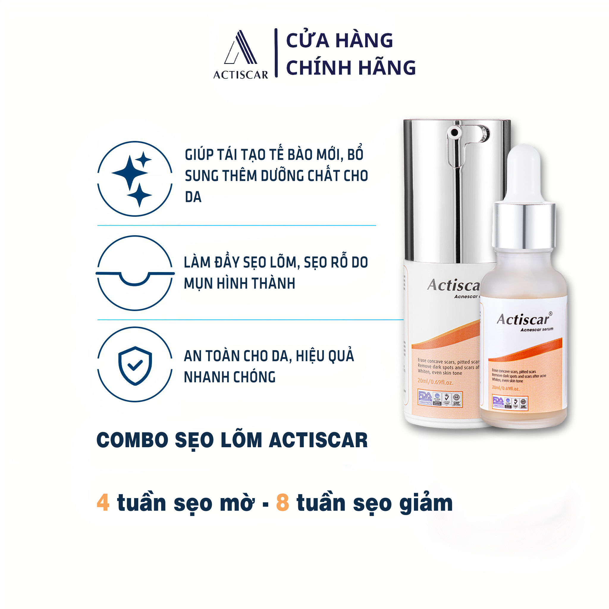 [Combo 2 Màu Cam] Kem Sẹo và Serum Actiscar Hỗ Trợ Xóa Sẹo Lõm, Sẹo Rỗ, Sẹo Thâm