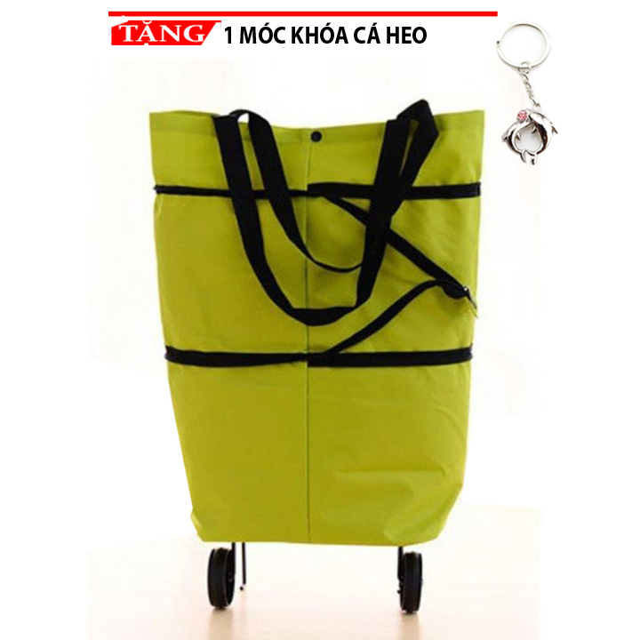 Túi vải đi chợ có 2 bánh xe kéo đa năng cao cấp KT18 Tặng móc khóa cá heo - xanh lá