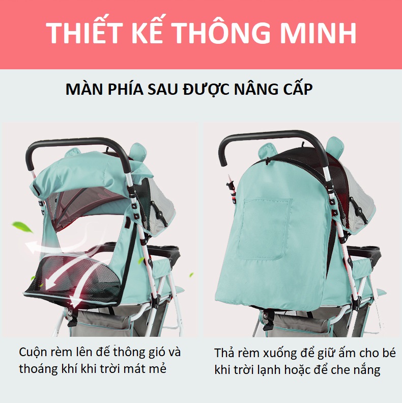 Xe nôi cho bé phiên bản cao cấp, xe đẩy cho bé 2 chiều 3 tư thế, có đệm lưới thoáng mát, thiết kế tiện lợi gấp gọn dễ dàng