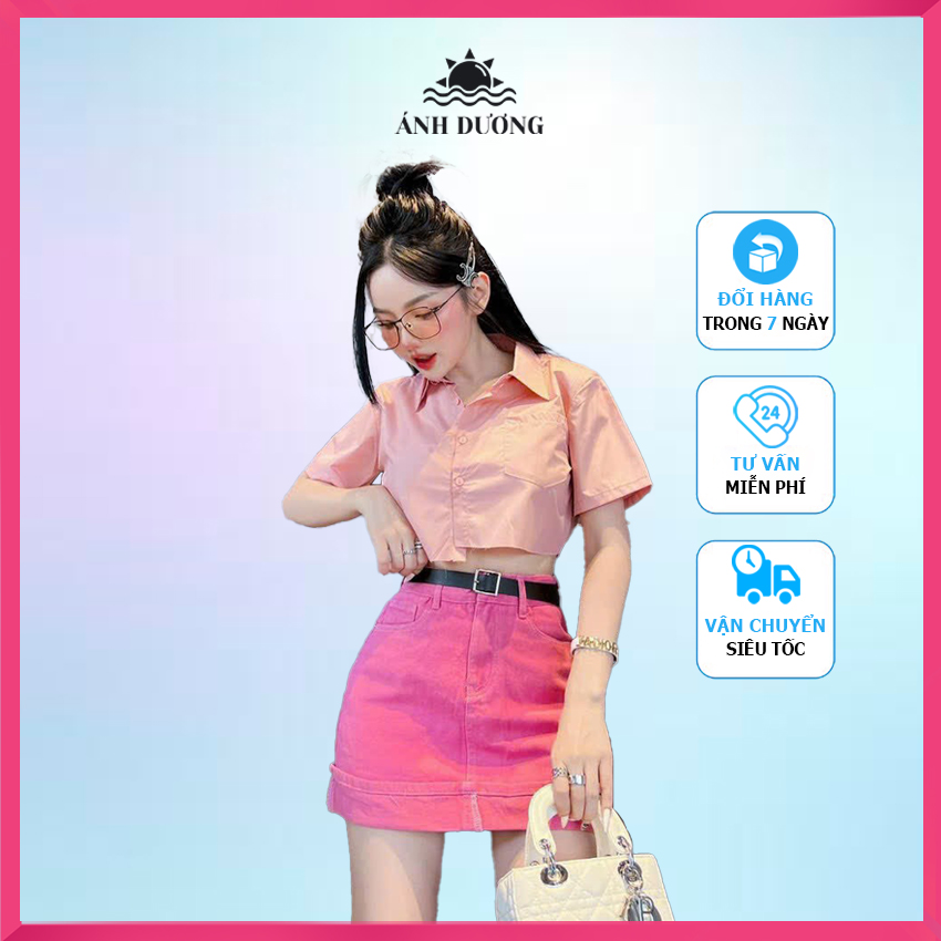 Set áo sơ mi croptop tay ngắn và chân váy kaki kèm dây nịt có lót, set đồ nữ đi chơi Ánh Dương Clothing M205 - MÀU HỒNG - Freesize 43-54kg M