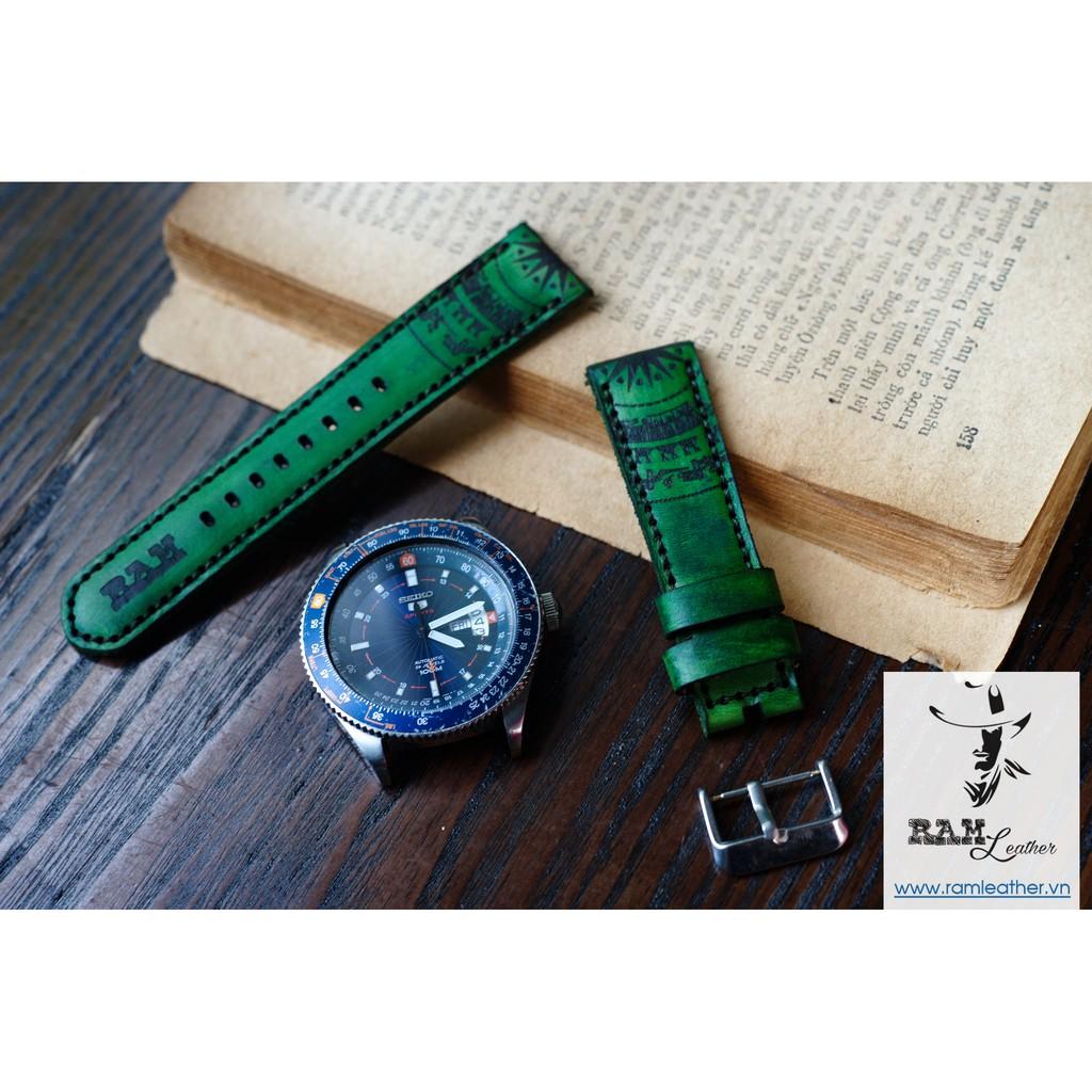 DÂY ĐỒNG HỒ TRỐNG ĐỒNG XANH LÁ VEGTAN PHỦ 1 MÀU - DA BÒ THẬT - CASIO AE1200/SEIKO5