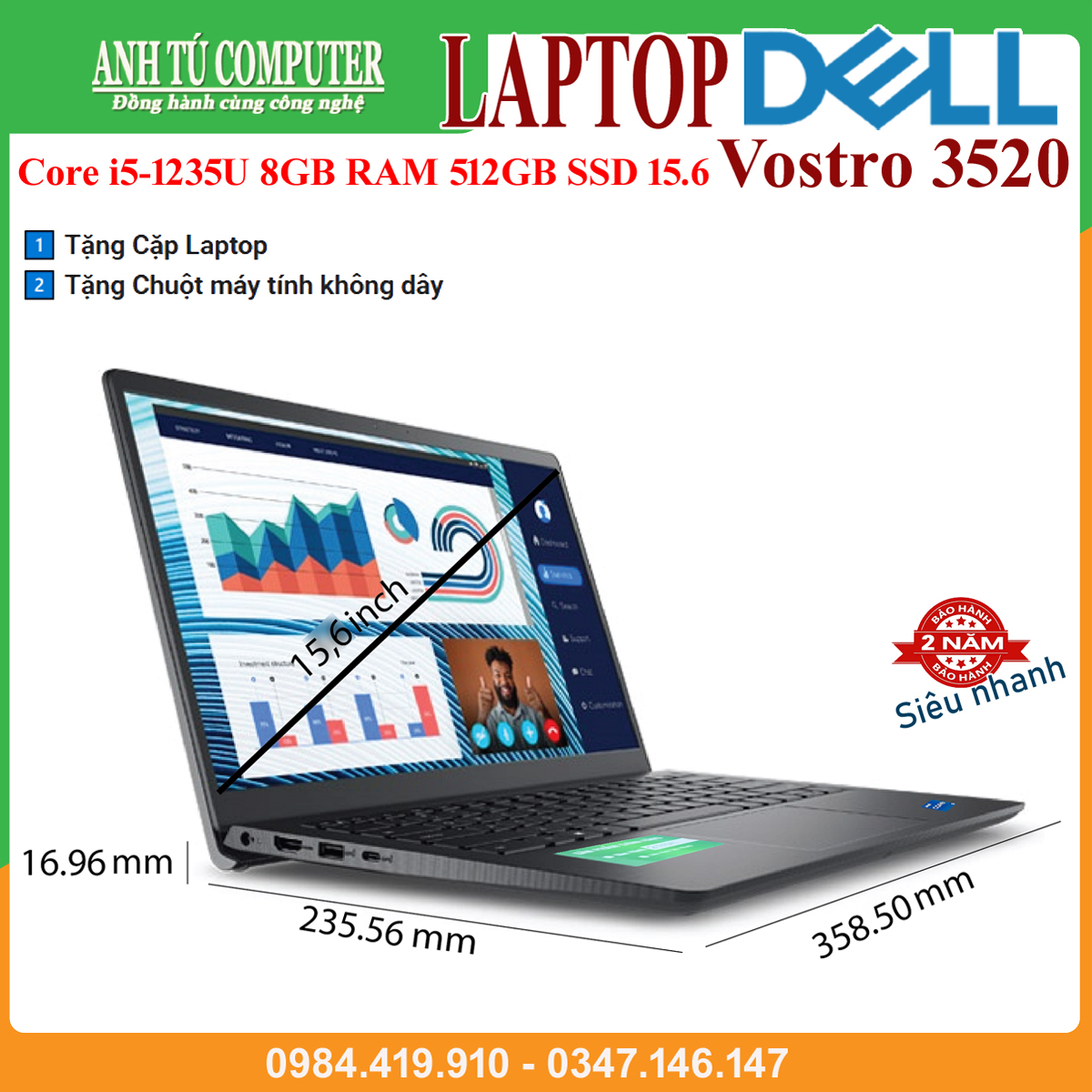 Laptop Dell Vostro 3520 Core i5-1235U 8GB RAM 512GB SSD 15.6″ FHD Black Hàng chính hãng