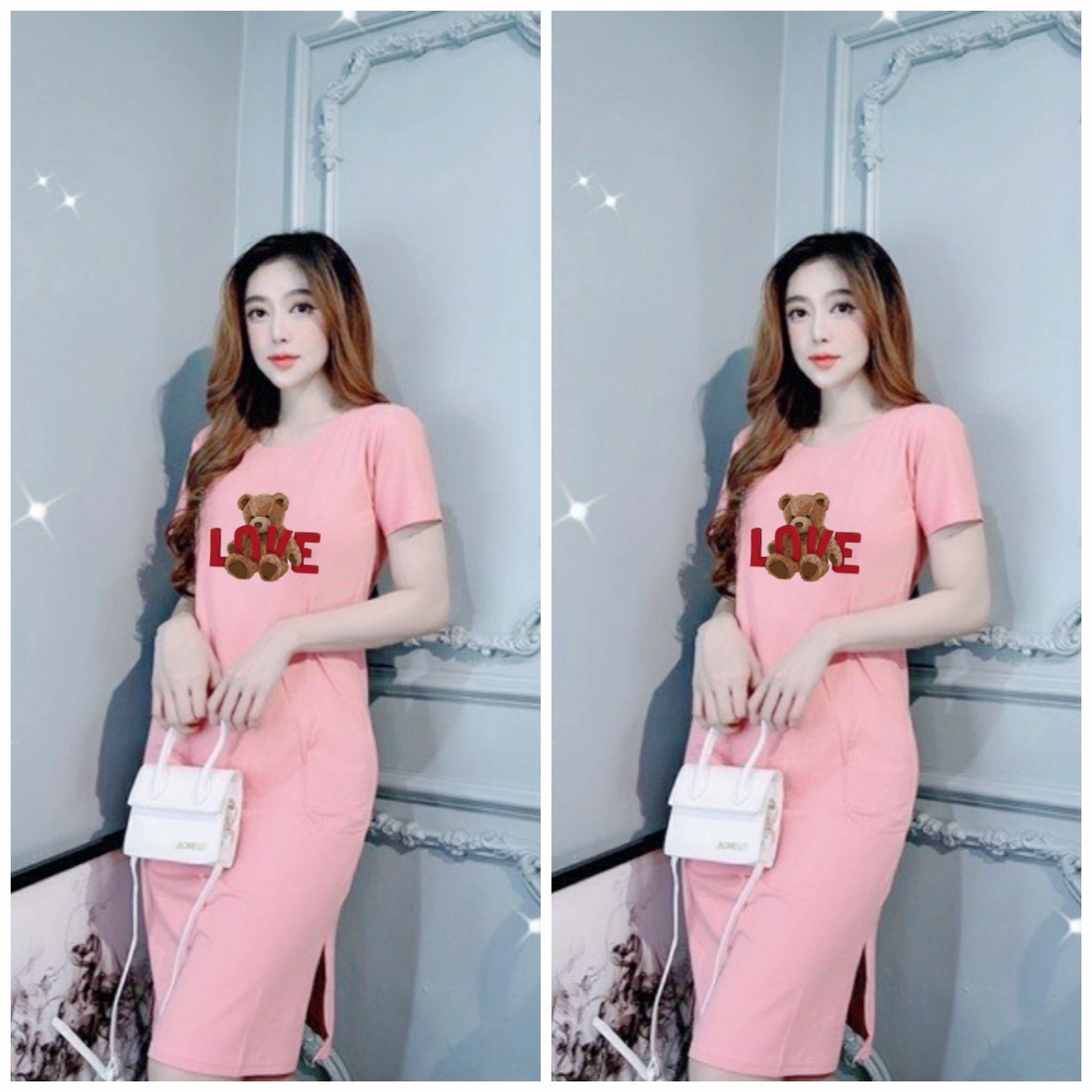 Đầm thun nữ dáng suông chất vải cotton 4 chiều in hình Gấu Love từ 40-55kg