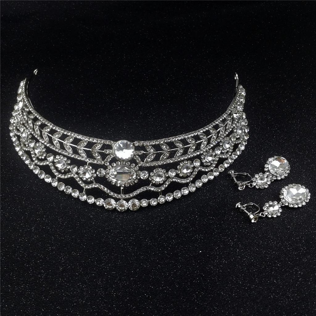 Wedding Diamante Rhinestone Baroque Tiara Crown Earrings Jewelry Set