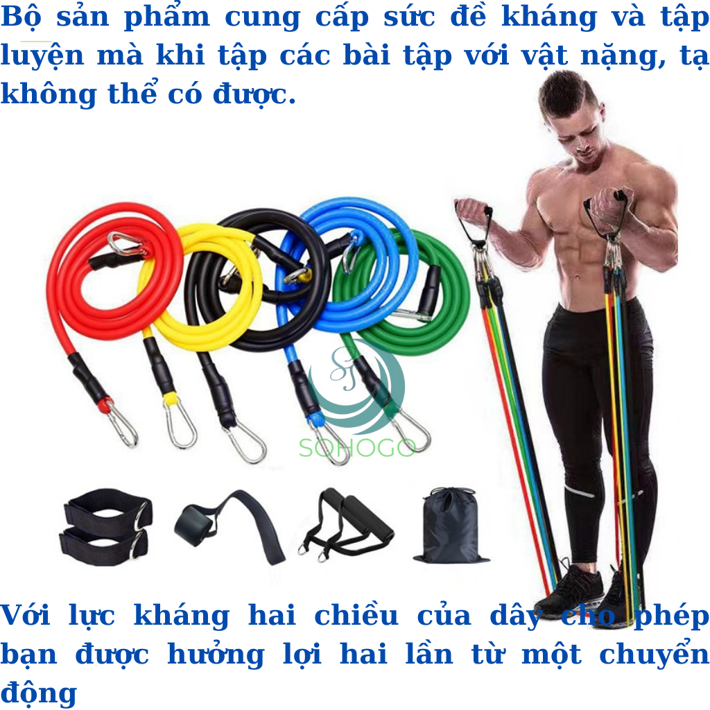 Dây Đàn Hồi Tập Gym 11 Món Tặng Kèm 2 Dây Đai Cổ Tay-Dây Cao Su Kháng Lực Cao Cấp Đa Năng Tập Gym