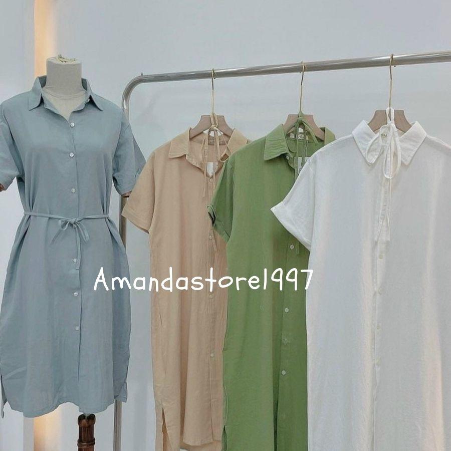 {Amanda} Váy sơ mi cộc tay from rộng vạt lệch hàn quốc, dây thắt nơ eo
