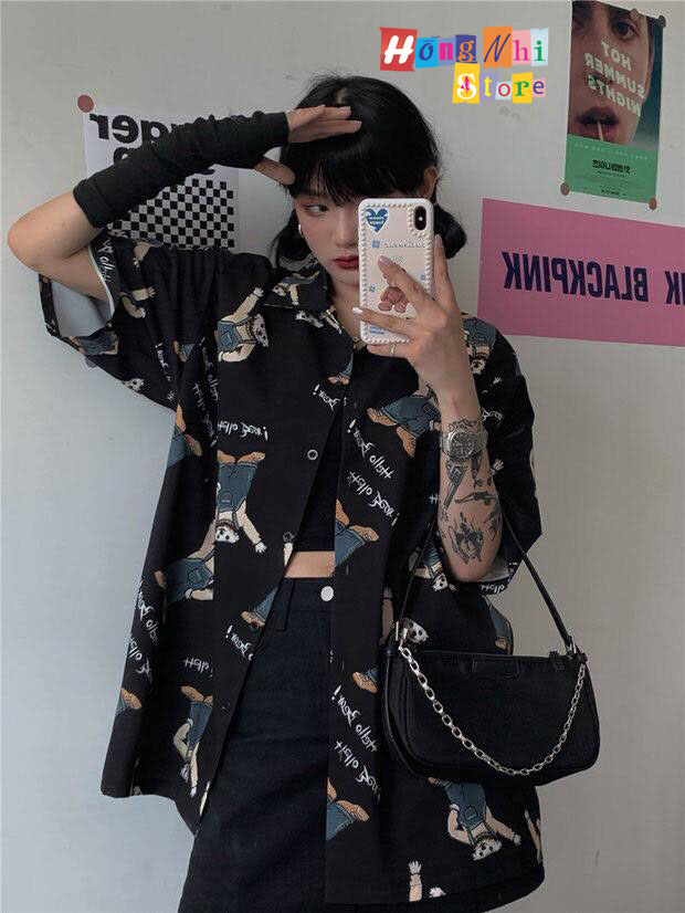 Áo Sơ Mi Hoạ Tiết Tay Lỡ Dáng Rộng, Sơ Mi Hoạt Hình Tay Lửng Unisex - MM