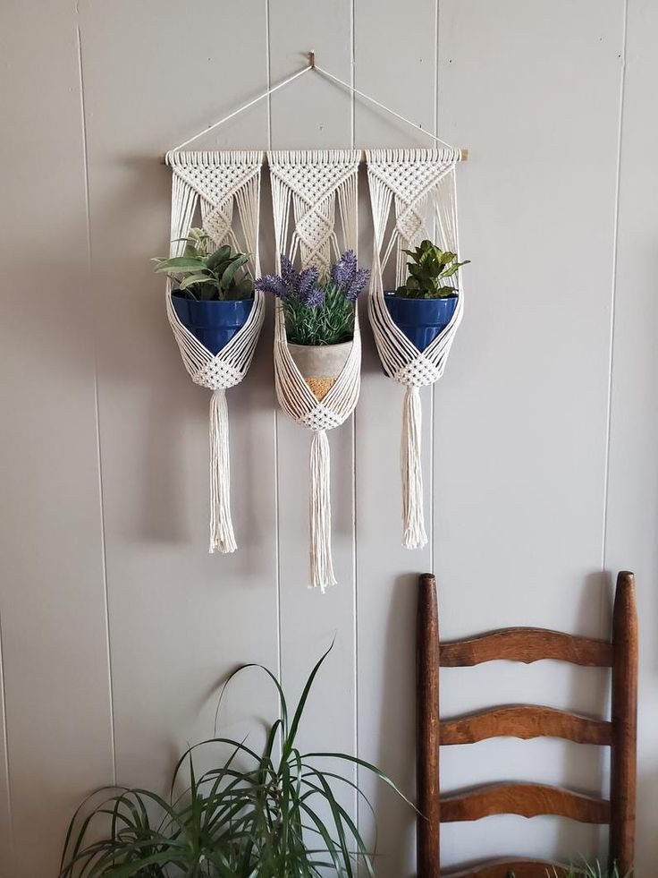 Bộ dây treo trang trí 3 chậu cây cảnh lọ hoa macrame handmade m01