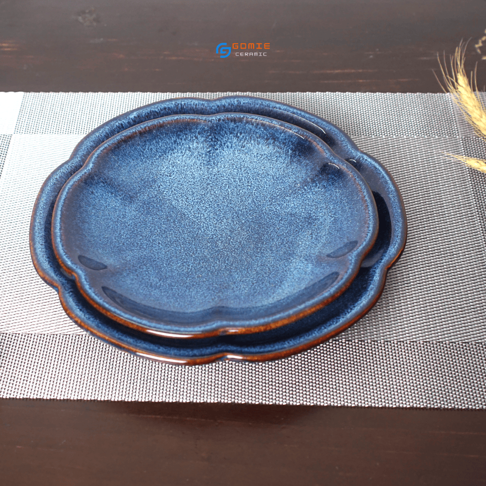 Đĩa hoa anh đào men xanh hỏa biến Gomie Ceramic Bát Tràng, men hỏa biến cao cấp,an toàn sức khỏe