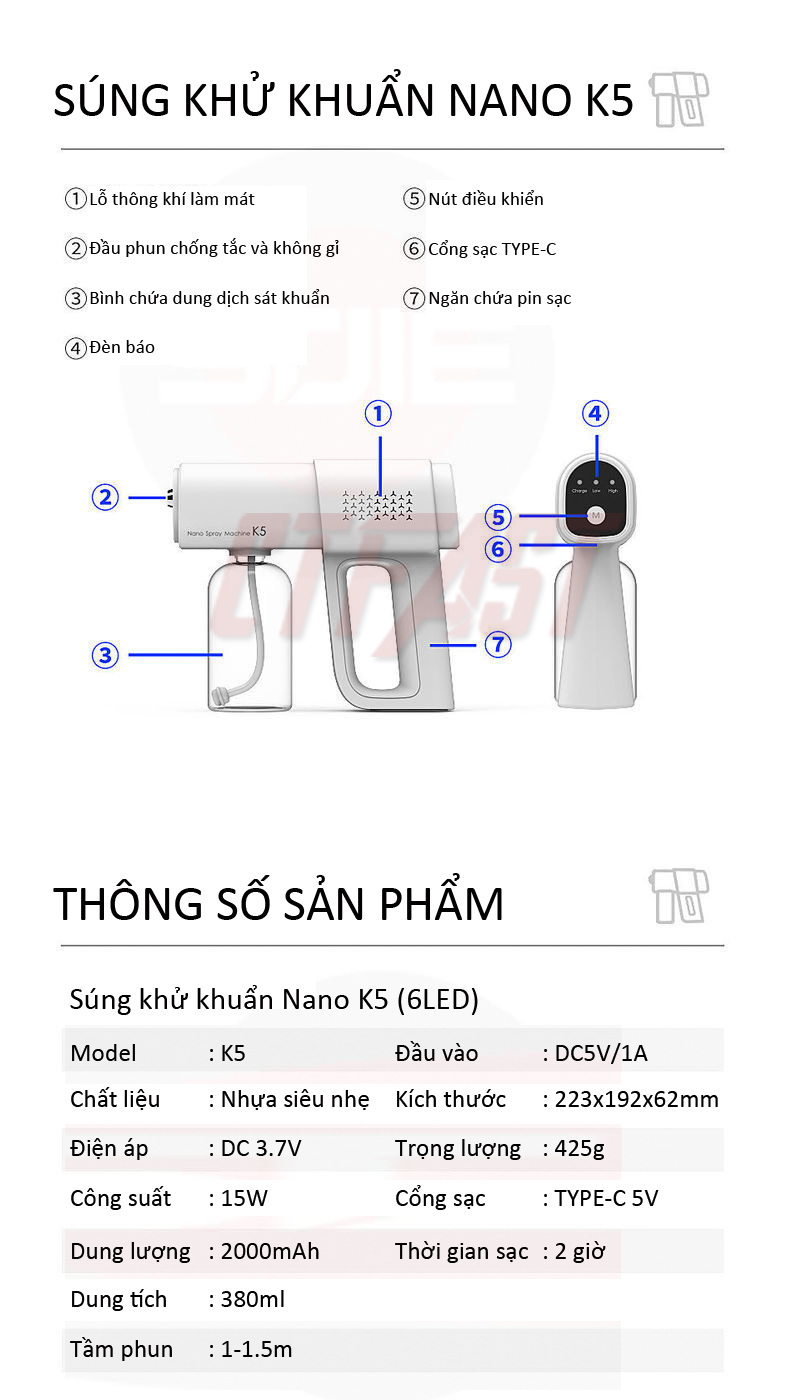 Thiết bị phun khử trùng nano cầm tay CTFAST - 05 : Máy phun khử trùng gia đình tích điện không dây kết hợp ánh sáng xanh an toàn, khử trùng, diệt khuẩn, đuổi muỗi