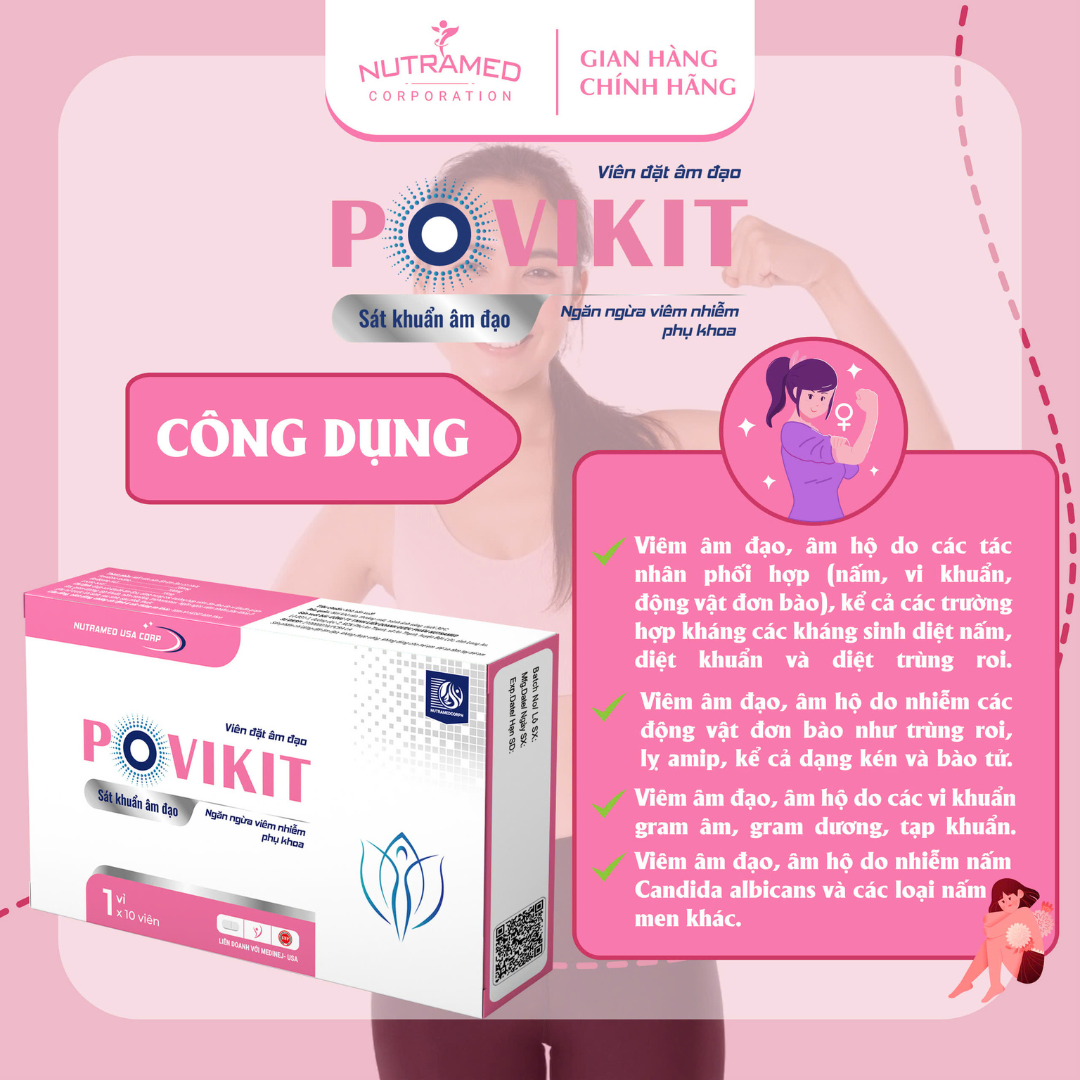 Viên đặt Povikit hỗ trợ giảm viêm cô bé do nhiễm vi khuẩn, nấm ngứa, mùi hôi - Nutramed (10 viên)