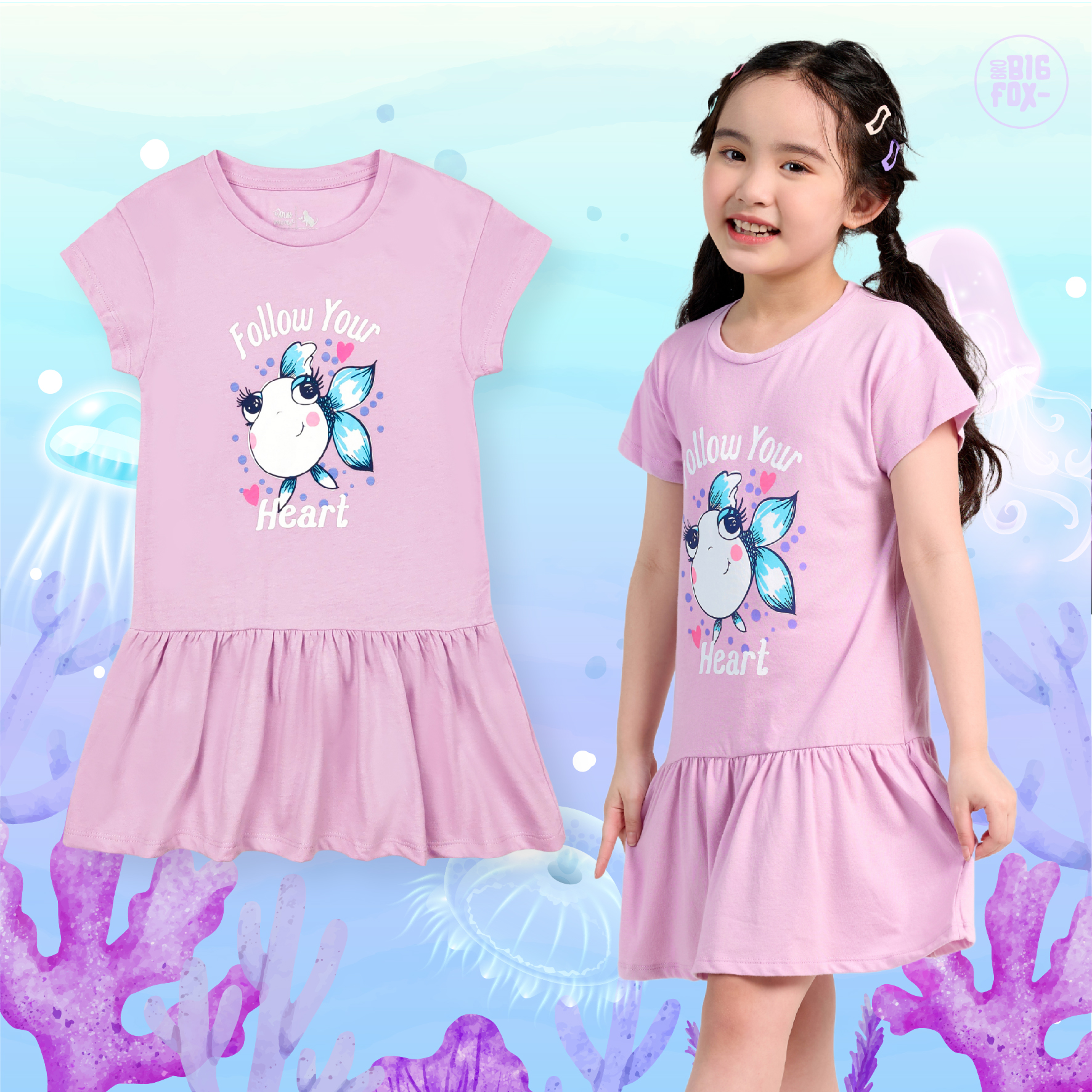 Đầm Hè Cho Bé Gái Miss Meow Tới Size Đại. Váy Cotton Thun Trẻ Em Bèo Gấu In Hình Cá Nhỏ 3-11 Tuổi