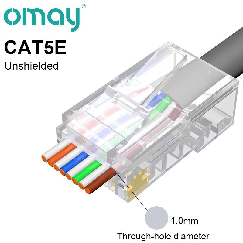 Đầu nối OMAY CAT6/7 CAT5E RJ45 đi qua mạng cắm mô-đun UTP 3/50μ Đầu uốn 8P8C mạ vàng cho cáp Ethernet