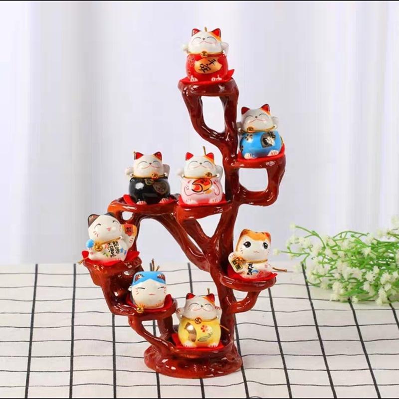 Bộ kệ nhựa hình cây trưng bày Mèo thần tài sứ, trang trí bàn làm việc, quà tặng mừng khai trương.