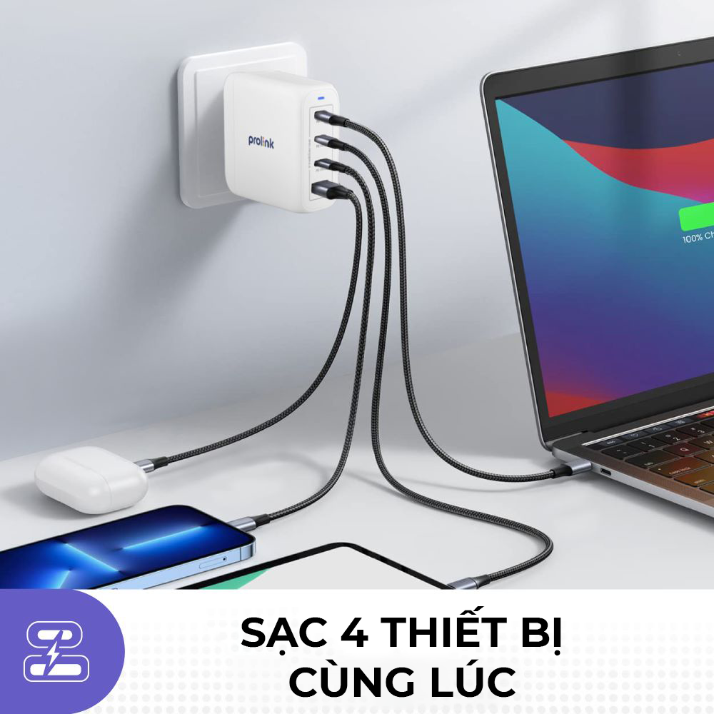 Củ sạc nhanh Prolink GT46801 4 cổng 68W công nghệ GAN dùng cho Laptop, Tablet, Macbook, iPad, iPhone - Hàng chính hãng