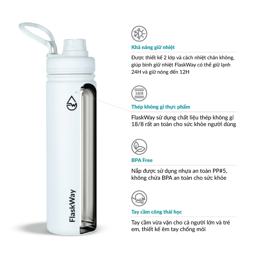 Bình giữ nhiệt FlaskWay màu trắng Pure White 22oz (650ml)