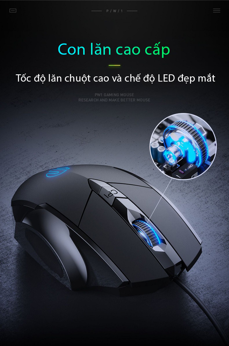 Chuột Gaming Máy Tính SIDOTECH P1W Esport Có Dây Silent / 40 Triệu Click / 7200 DPI / LED RGB Chống Ồn Logo Phát Sáng Kèm 2 Nút Phụ Trợ Cho Game FF PUBG - Hàng Chính Hãng