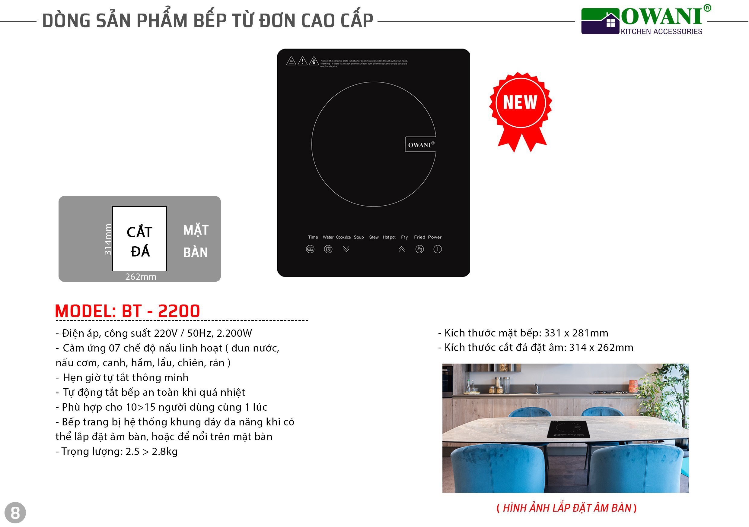 Bếp Điện Từ Đơn Cảm Ứng Đặt Âm OWANI BT-2200 - Hàng Chính Hãng