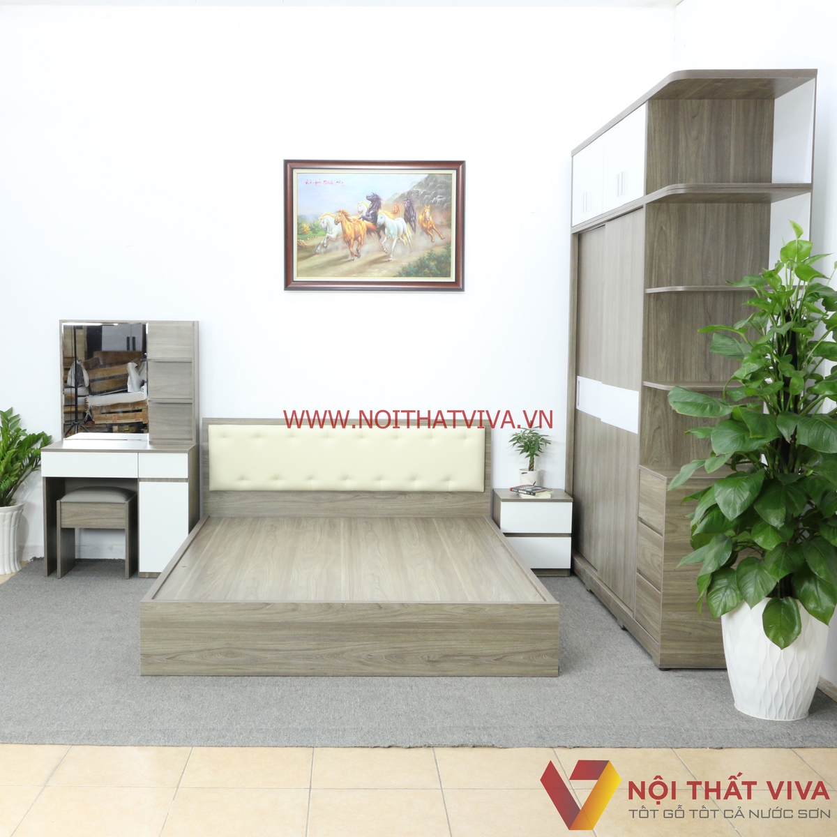 Bộ Combo Phòng Ngủ Tủ Kịch Trần Gỗ MDF Màu Xám Phối Trắng Cao Cấp Đẹp