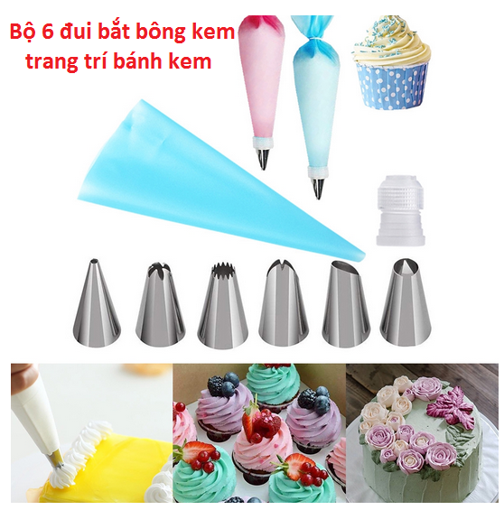 Bộ 6 đui bắt bông kem kèm chốt và túi đựng kem trang trí bánh