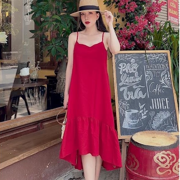 Váy maxi đi biển hai dây chất đũi mát freesize nhiều màu - Đầm đuôi cá dáng rộng dạo phố bầu bí bon chen
