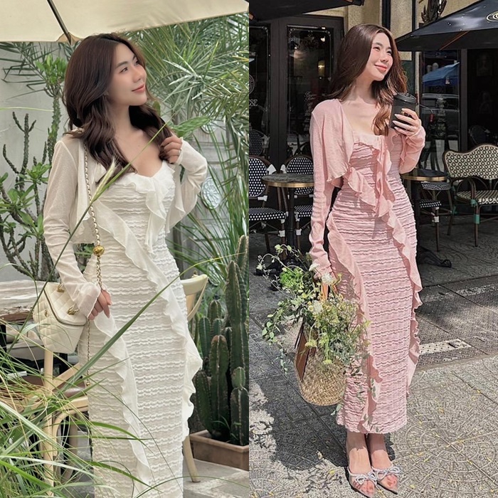 ĐẦM MIDI DÀI 2 DÂY CỔ U SUÔNG TRƠN ÔM BODY BÈO + KHOÁC LỬNG CARDIGAN HỒNG PASTEL ĐEN TRẮNG ĐI BIỂN DỰ TIỆC ĐI CHƠI DẠO PHỐ
