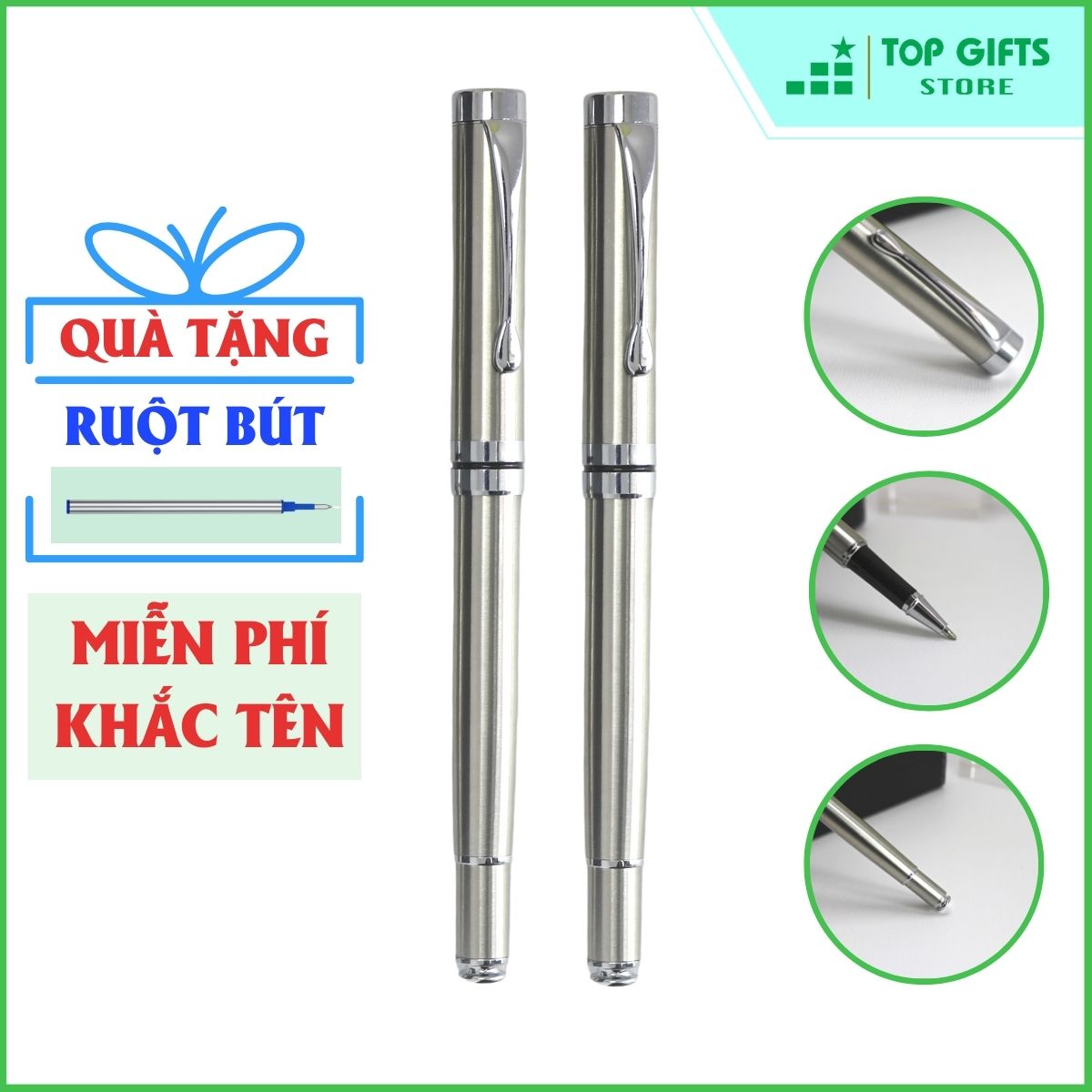 Bút ký khắc tên nắp BẠC PB027 ngòi 0.5mm| Quà tặng sinh nhật sếp + Ruột bút + Hộp đựng