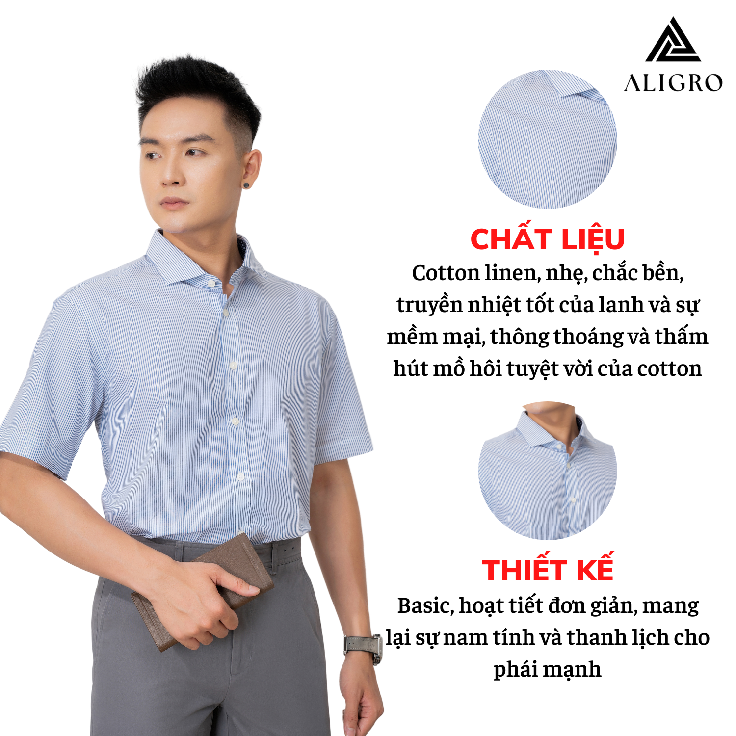 Áo sơ mi cộc tay nam công sở Aligro kẻ xanh ALGS-C82