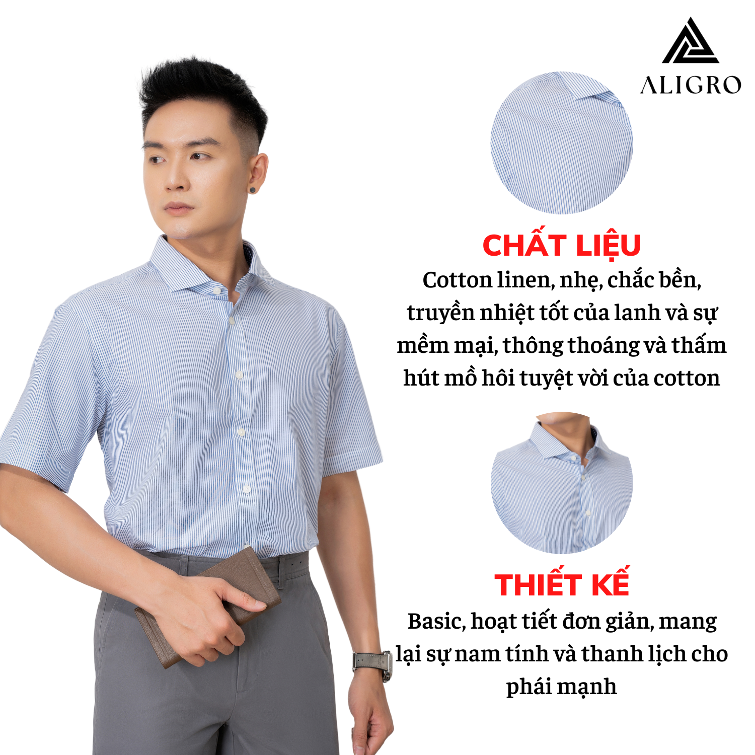 Áo sơ mi cộc tay nam công sở Aligro kẻ xanh ALGS-C82 ( SIZE M)