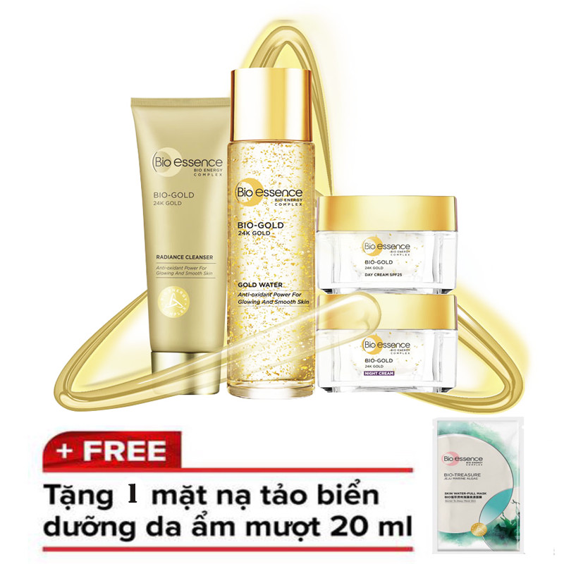 Bộ Dưỡng da Bio esence Bio Gold 24k: Kem ban đêm 40g, Kem ban ngày 40g, Tinh chất vàng 150ml, sữa rửa mặt 100ml+Tặng 1 mặt nạ giấy Bio- essnece