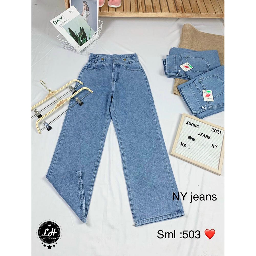 Quần jean ống rộng nữ bigsize Lê Huy Fashion lưng cao 2 nút màu xám đen kiểu khuyên lưng MS 503