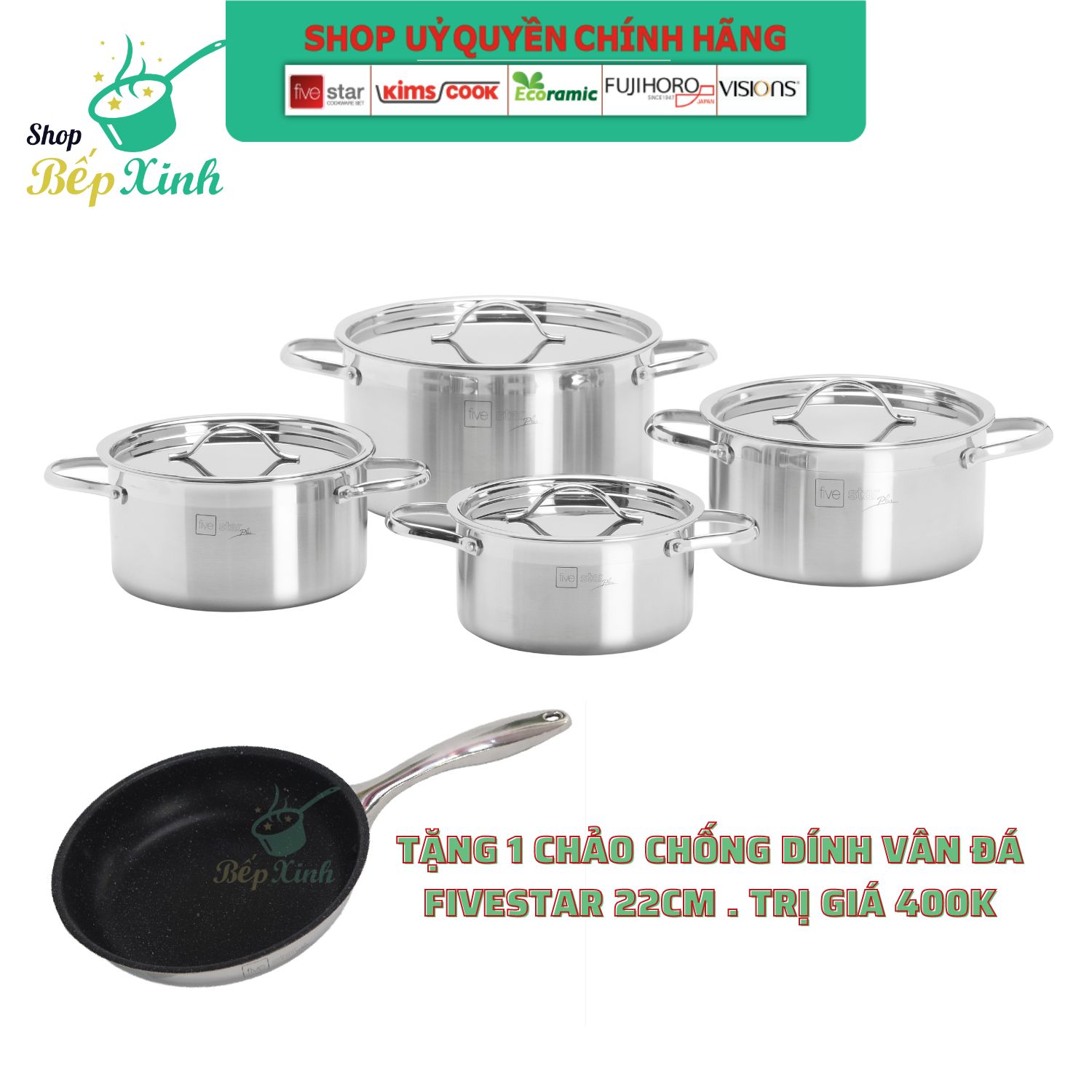 Bộ nồi 3 lớp đáy liền inox 304 bếp từ cao cấp Fivestar Plus nắp inox tặng 1 chảo chống dính vân đá Fivestar 22cm