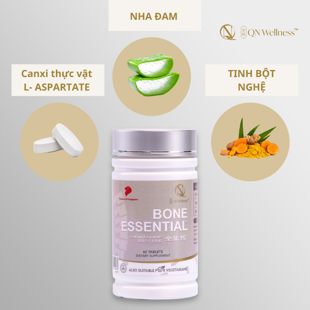 Viên Uống Bổ Sung Canxi Bone Esstential QN Wellness Thuần Chay Chiết Xuất Từ Nghệ & Nha Đam, Giúp Hỗ Trợ Tuần Hoàn Máu, Củng Cố Xương Khớp - Hộp 60 Viên