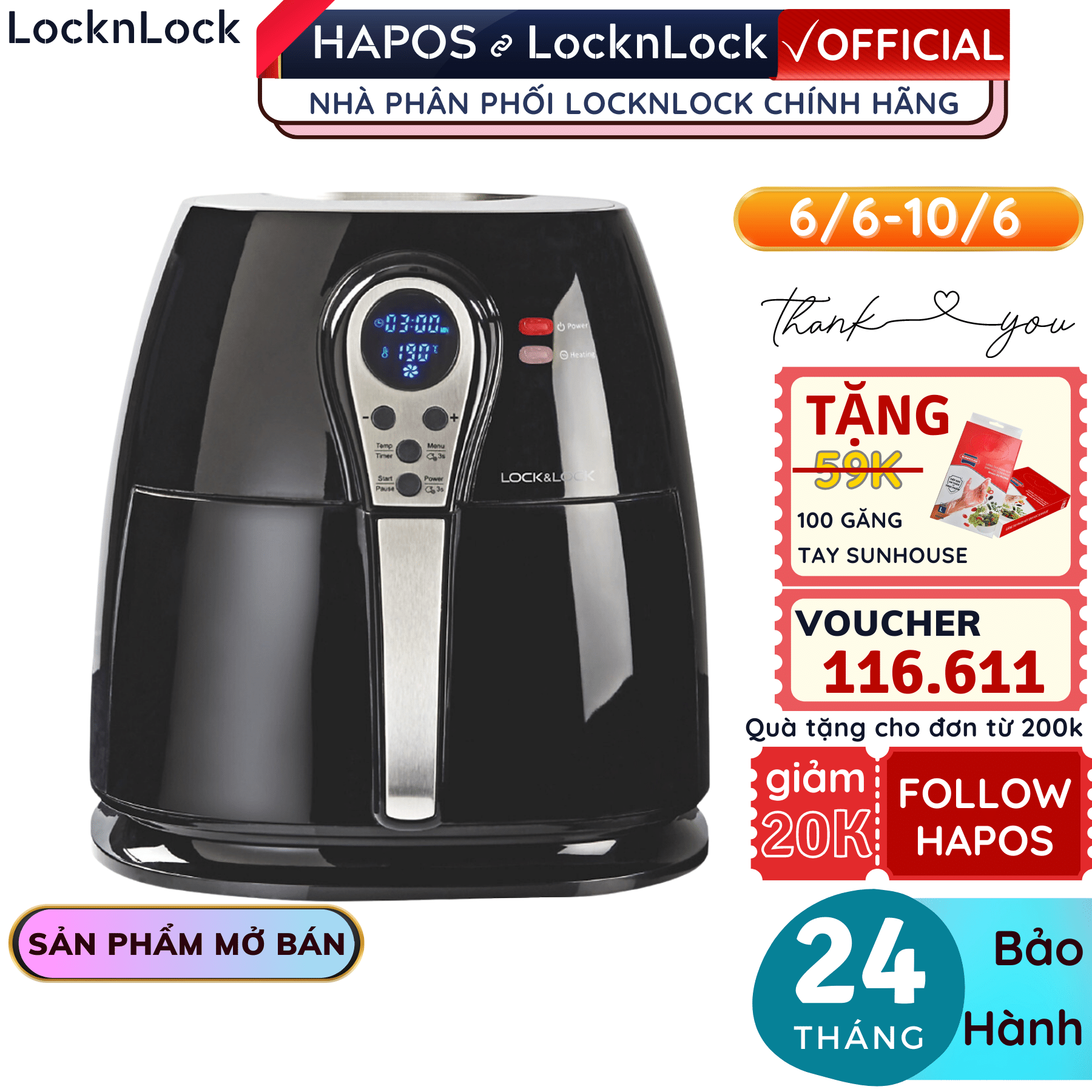 Nồi chiên không dầu Lock&amp;Lock EJF276 3 Lít - Hàng chính hãng, giảm 80% lượng mỡ tiêu thụ, màn hình led - Hapos