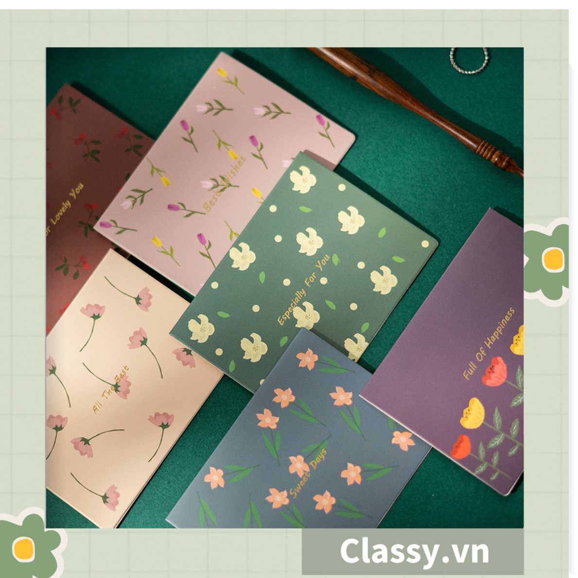 Thiệp Cổ điển Vintage in họa tiết hoa nhí giấy art sang trọng kèm phong bì giấy kraft nâu Q724