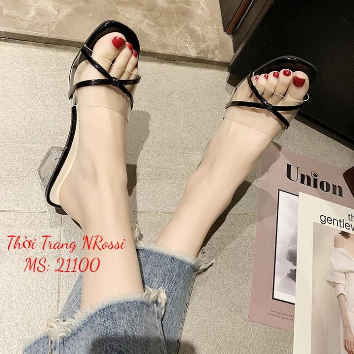 Dép cao gót quai ngang mũi vuông phối quai trong cao 5cm màu đen _2118
