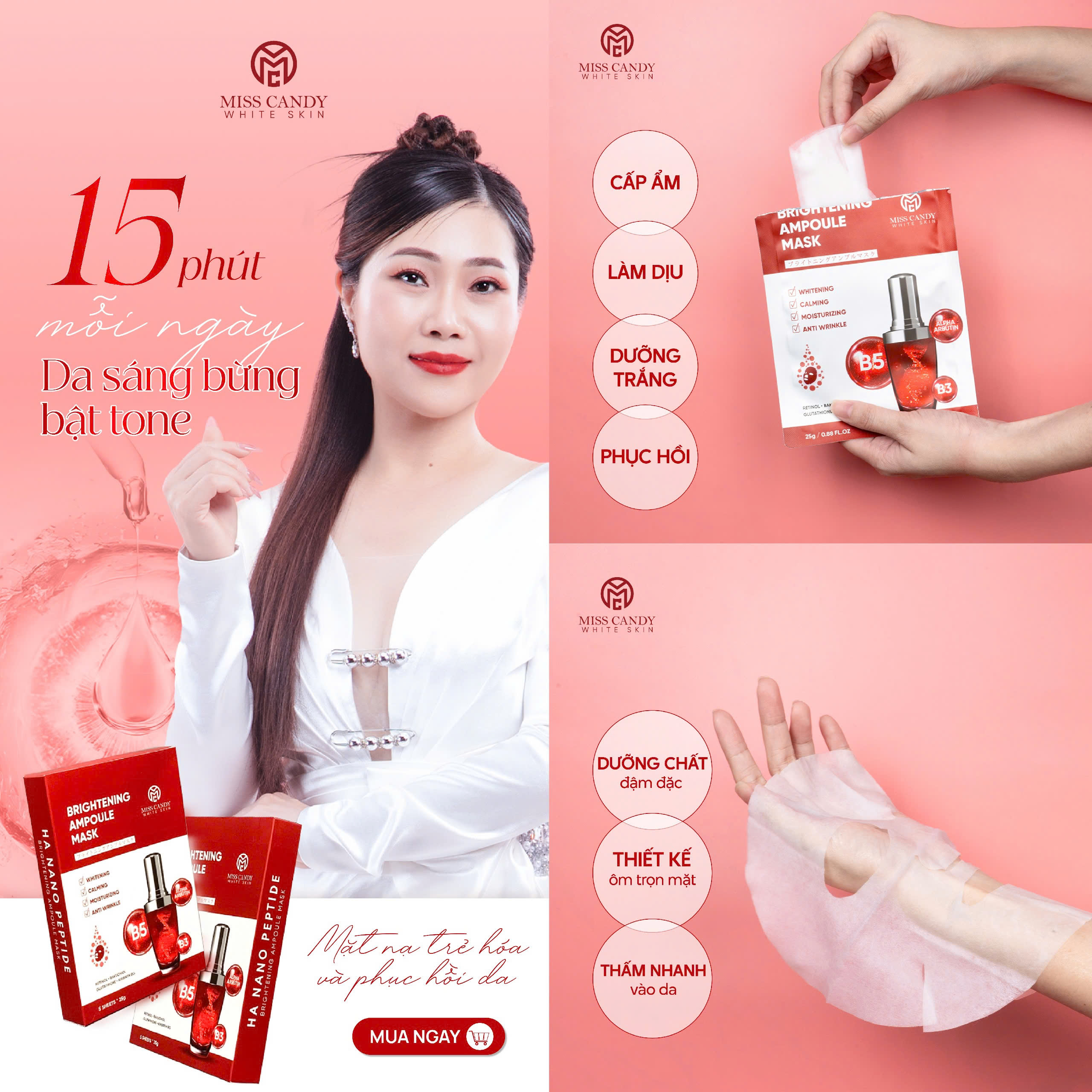 [MISS CANDY] Mặt Nạ Trẻ Hóa &amp; Phục Hồi Da BRIGHTENING AMPOULE MASK Miss Candy (Hộp 5 Miếng x 25g)