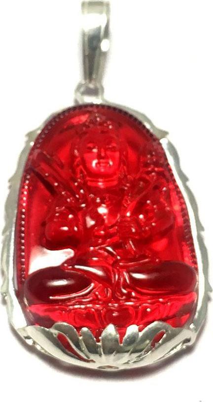 Mặt dây nam bản mệnh ngài Hư Không Tạng  màu đỏ bọc đài sen bạc cho người tuổi Sửu - Tuổi Dần Bạc QTJ - MBM18