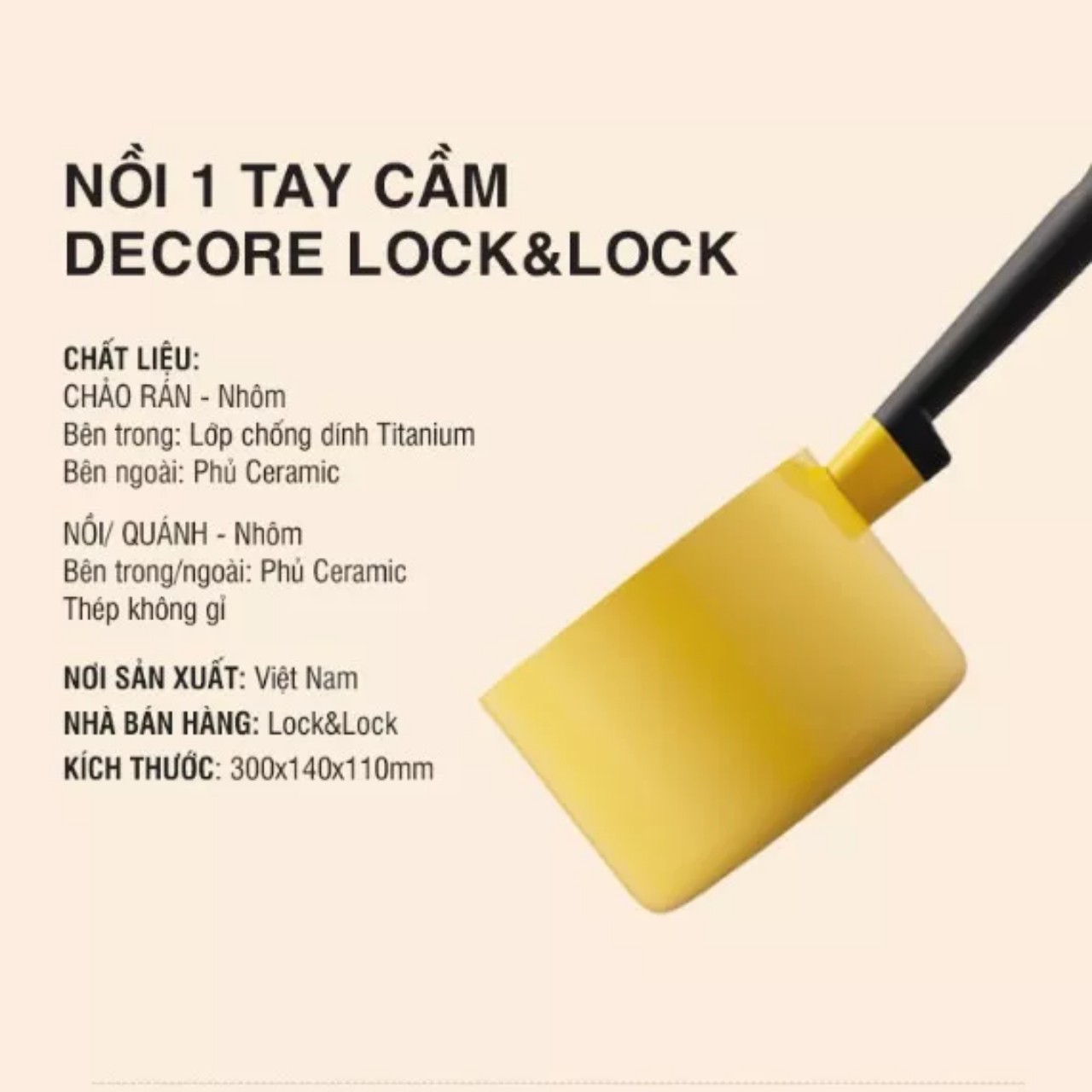 Nồi Quánh 1 Tay Cầm Decor Milk 14cm Màu Vàng LocknLock LDE1142 (cam kết hàng chính hãng)