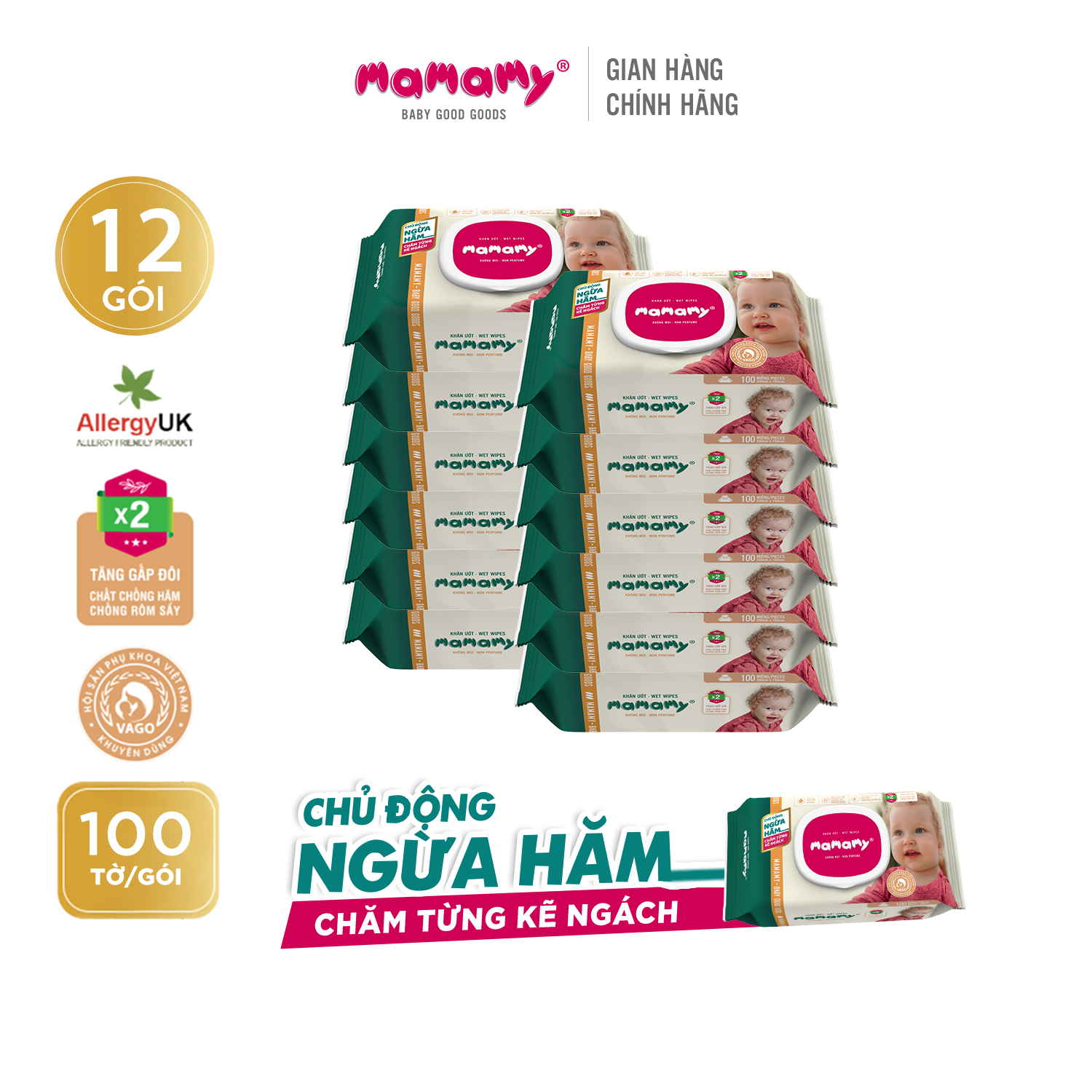 Combo 12 gói khăn ướt Mamamy 100 tờ/ gói có nắp an toàn cho bé