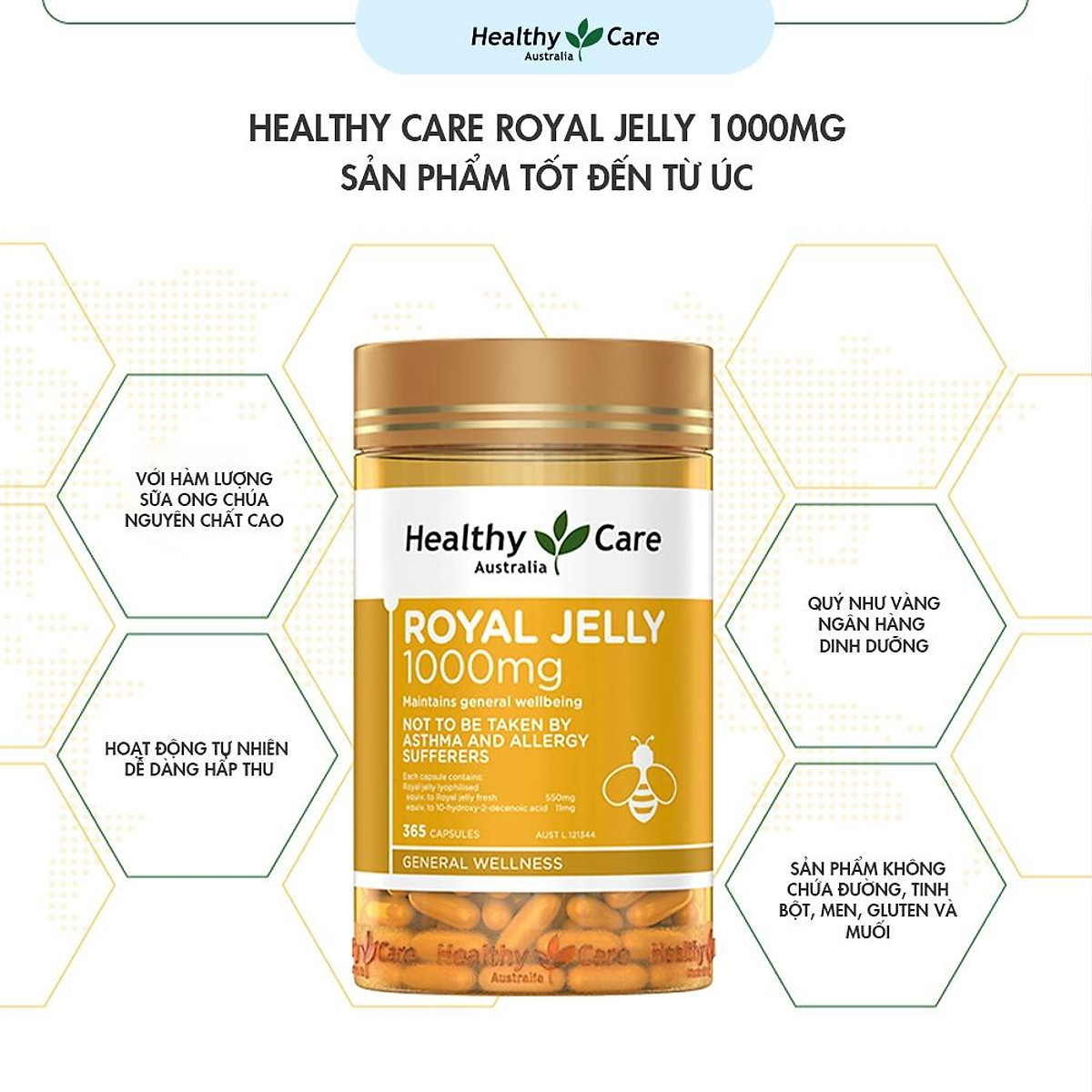 Sữa Ong chúa Healthy Care Royal Jelly Úc Hỗ trợ đẹp da, làm chậm quá trình lão hóa, giảm nám, tàn nhanh, tăng sức khỏe tổng thể - OZ Slim Store