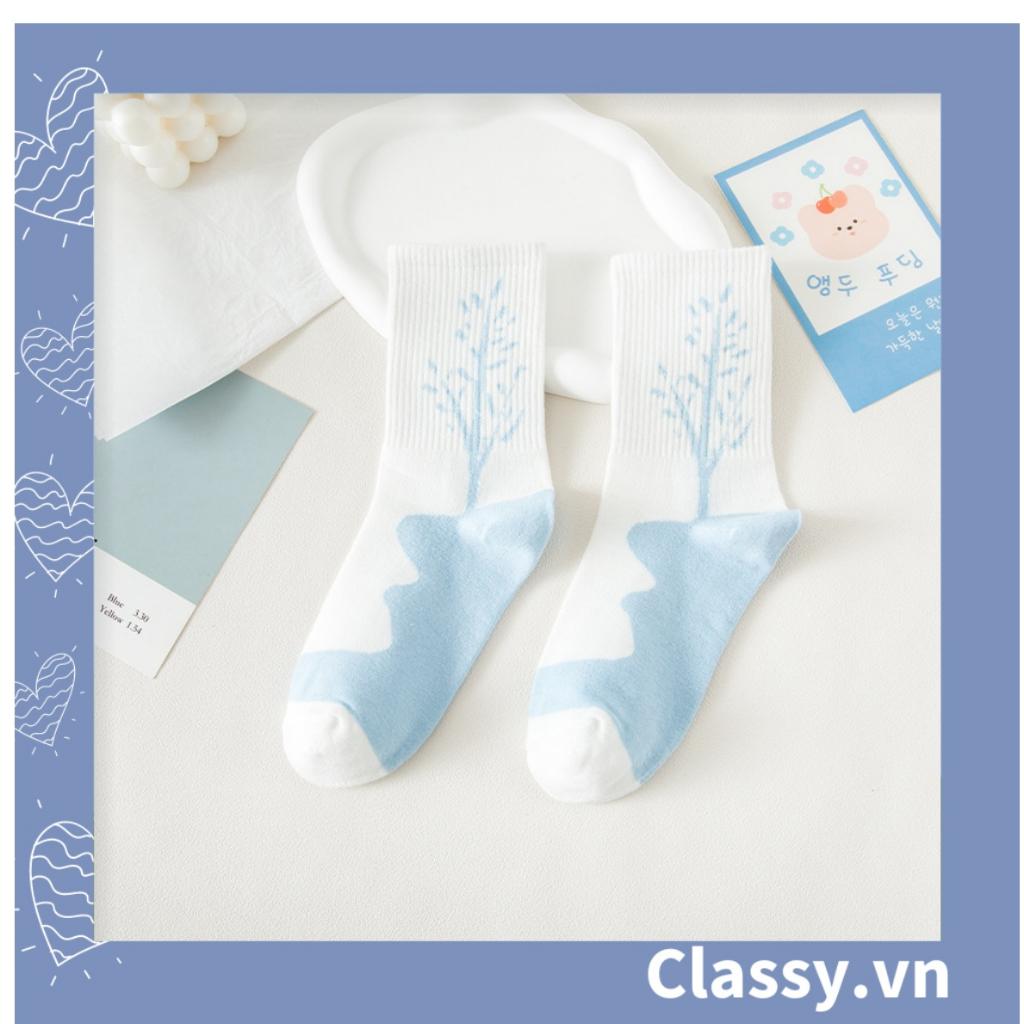 Tất cổ cao Classy,  vớ cổ cao màu xanh trắng, chất cotton êm chân G1354