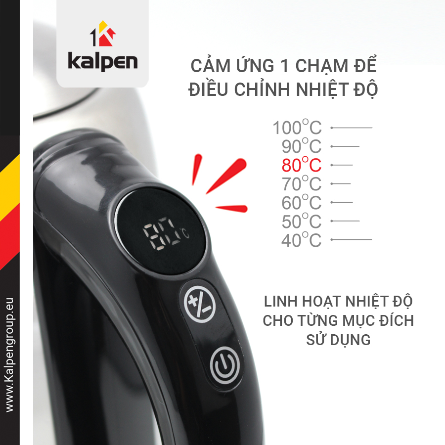 ẤM SIÊU TỐC THỦY TINH ĐIỀU CHỈNH NHIỆT ĐỘ KALPEN KK88, HÀNG NHẬP KHẨU CHÍNH HÃNG