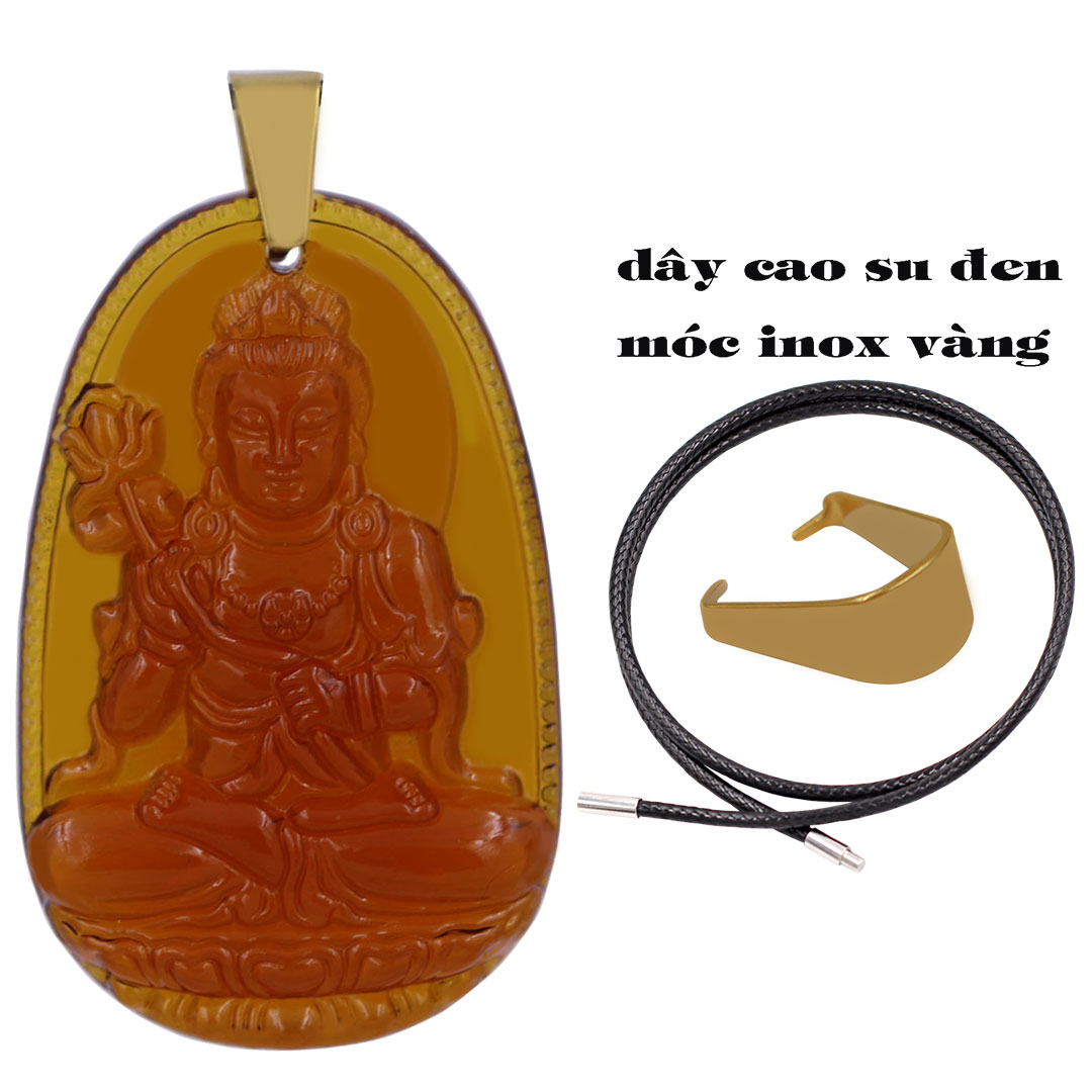 Mặt Phật Đại thế chí pha lê trà 3.6 cm kèm móc và vòng cổ dây cao su đen, Mặt Phật bản mệnh