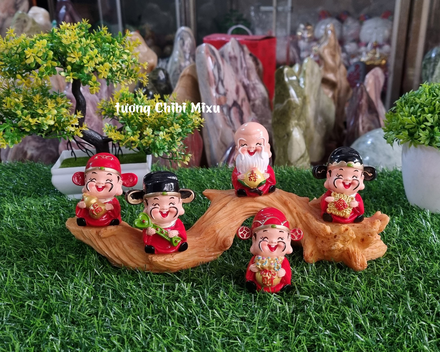 Bộ Ngũ Phúc 7cm kèm chân đế giả gỗ size nhỏ