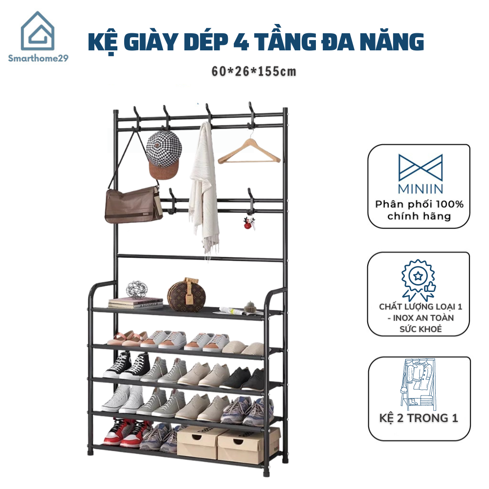 Kệ Giày Chữ L 4 Tầng Đa Năng Để Giày Dép Và Có Móc Treo Quần Áo Vừa Tiện Lợi Vừa Sang Trọng Decor Phong Cách Vintage - Hàng Chính Hãng MINIIN