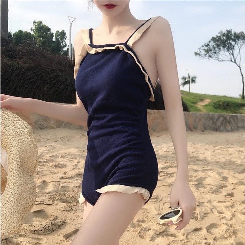 Bộ đồ bơi liền mảnh bikini monokini nữ xanh than viền bèo kem dễ thương