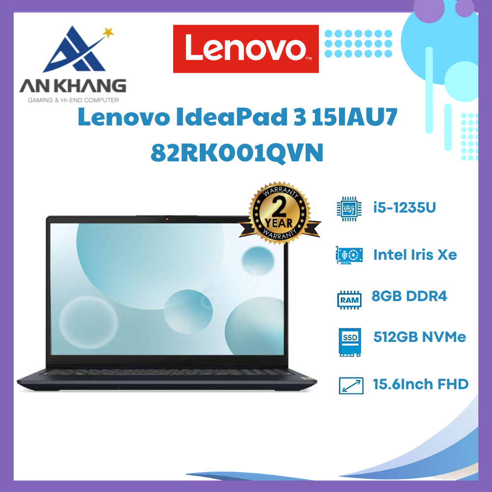 Laptop Lenovo IdeaPad 3 15IAU7 82RK001QVN (Core i5-1235U | 8GB | 512GB | Intel Iris Xe | 15.6 inch FHD | Win 11 | Xanh) - Hàng Chính Hãng - Bảo Hành 24 Tháng Tại Lenovo Việt Nam